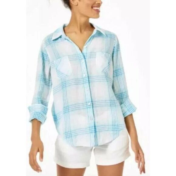 Lilly Pulitzer Sea View Linen Top Size XL Blue Ibiza Beach Day Plaid NWOT - Picture 1 of 10